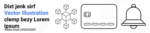 Geometric network structure, card icon, and bell icon placed sequentially with placeholder text. Ideal for technology, finance, notifications, web design, digital communication, infographics