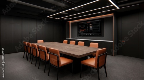 A modern conference room with a large table and seating  designed for meetings.