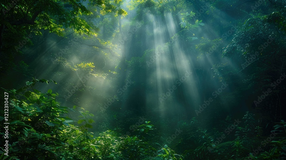 Sunlight streaming through dense fog in a forest Sunlight streaming through dense fog in a forest