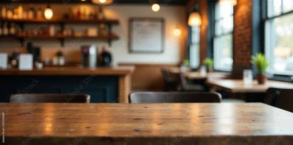 Empty wooden table with blurred restaurant background, background blur, chef ingredients, food preparation Empty wooden table with blurred restaurant background, background blur, chef ingredients, food preparation