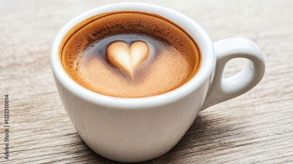 Fototapeta premium A close-up of a white coffee cup with heart-shaped latte art on a wooden surface.