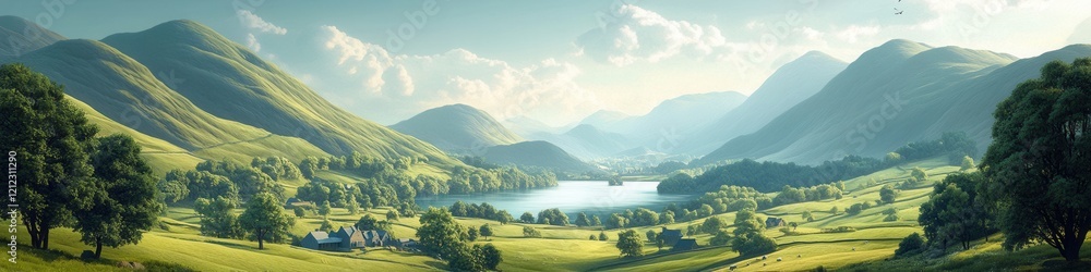 Tranquil Lake District Haven, serene landscape with rolling hills, peaceful lakes, quaint villages, lush green valleys in the UK Tranquil Lake District Haven, serene landscape with rolling hills, peaceful lakes, quaint villages, lush green valleys in the UK