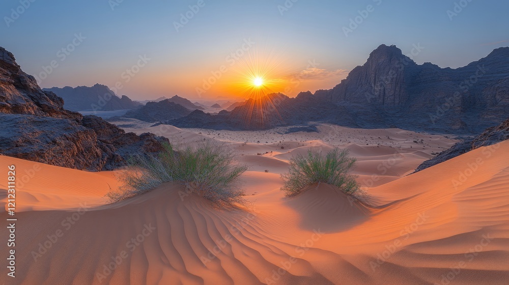 Naklejka premium A beautiful desert panorama with layers of dunes stretching far into the distance under a golden sky.