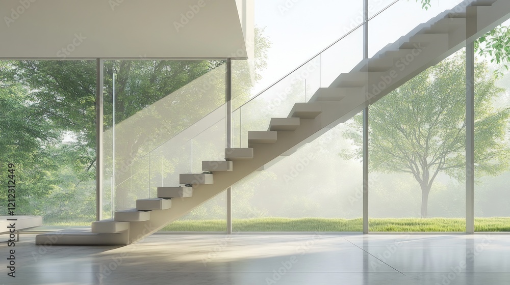Modern interior with floating staircase and large glass windows overlooking a lush forest Modern interior with floating staircase and large glass windows overlooking a lush forest