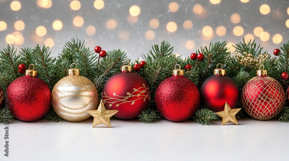 A festive arrangement of Christmas ornaments and greenery with a bokeh background. A festive arrangement of Christmas ornaments and greenery with a bokeh background.
