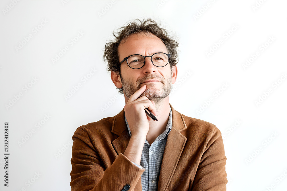 Thoughtful man in brown jacket, pen in hand, deep in thought Thoughtful man in brown jacket, pen in hand, deep in thought