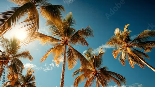 Blue sky and palm trees view from below tropical beach and summer background.