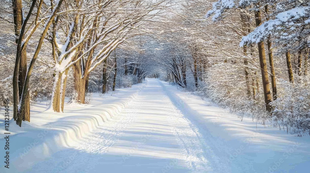 Snowy forest path with fir trees and blue sky Snowy forest path with fir trees and blue sky