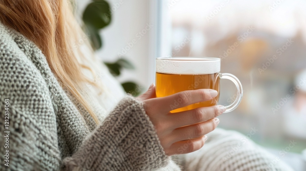 A cozy scene featuring a person holding a warm drink in a transparent mug, wrapped in a knitted sweater by a window with plants in the background. A cozy scene featuring a person holding a warm drink in a transparent mug, wrapped in a knitted sweater by a window with plants in the background.