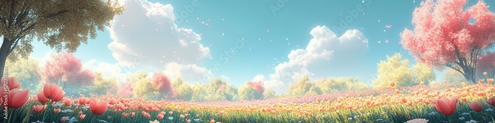Fototapeta premium Tulip fields in Keukenhof, Netherlands, vibrant blooms under a soft blue sky, tranquil atmosphere, vivid colors, lush landscape