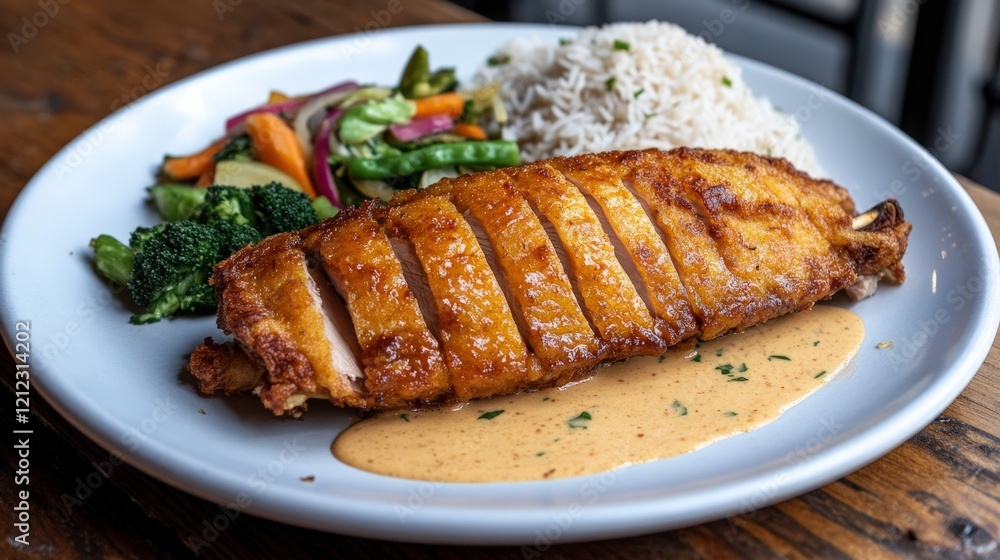 A plated dish featuring sliced fried chicken, rice, vegetables, and sauce. A plated dish featuring sliced fried chicken, rice, vegetables, and sauce.