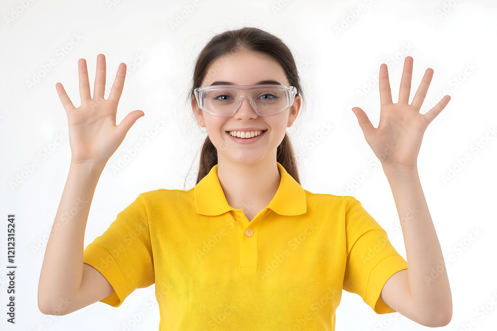 Smiling young woman with safety glasses raising her hands in a cheerful and energetic pose, showcasing optimism and a can-do attitude Smiling young woman with safety glasses raising her hands in a cheerful and energetic pose, showcasing optimism and a can-do attitude