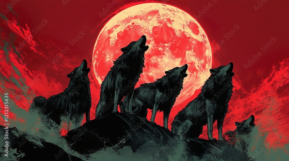 Intense howling wolf pack silhouettes against a blood red moon with dynamic brushstrokes in a digital painting. Intense howling wolf pack silhouettes against a blood red moon with dynamic brushstrokes in a digital painting.