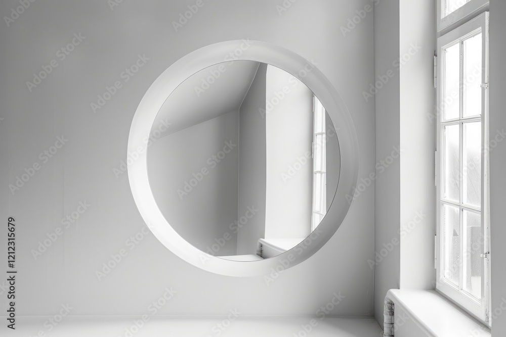 Obraz premium Elegant round mirror in minimalist grey room with angled cornice.