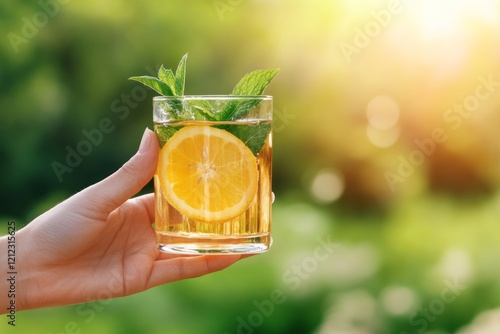 Hand gripping glass of lemon mint infused water, sitting in sunlit garden with blurred greenery surrounding refreshing summer drink photo