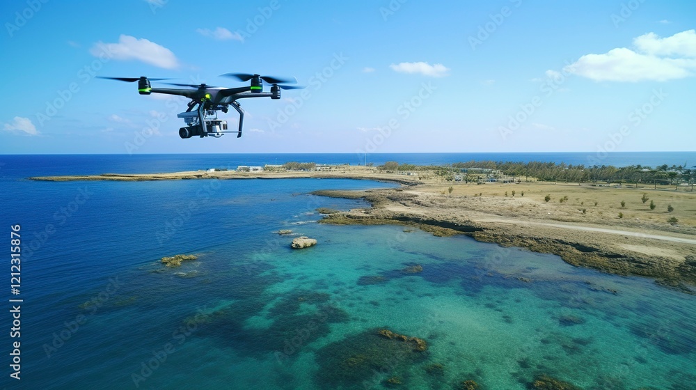 Naklejka premium A photo of a drone conducting a survey of a coastal land
