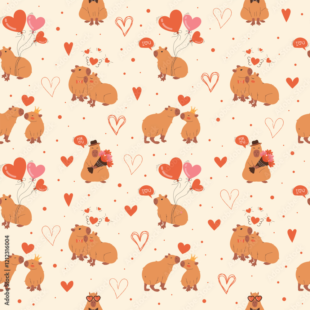 Fototapeta premium Seamless Valentine's Day Pattern with Cute Capybaras. Flat Design for Romantic Theme with cute animals in love. Vector