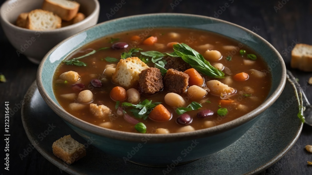 A hearty bowl of soup with vegetables, beans, and croutons, served with a side of bread. A hearty bowl of soup with vegetables, beans, and croutons, served with a side of bread.