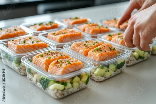 Professional chef arranging glass meal prep containers with salmon, rice, broccoli, zucchini, creating nutritious balanced lunch for dietary wellness