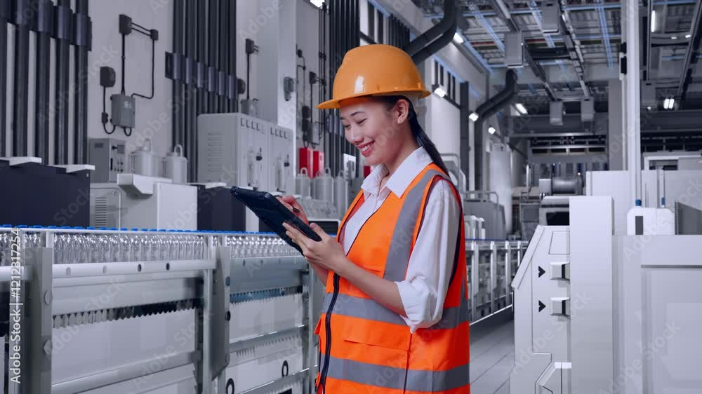 Side View Of Asian Female Engineer With Safety Helmet Taking Note On The Tablet With Water Production in Bottling Factory Side View Of Asian Female Engineer With Safety Helmet Taking Note On The Tablet With Water Production in Bottling Factory