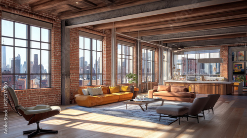 Wallpaper Mural Modern loft interior with large windows and city view, featuring stylish furniture and warm lighting Torontodigital.ca