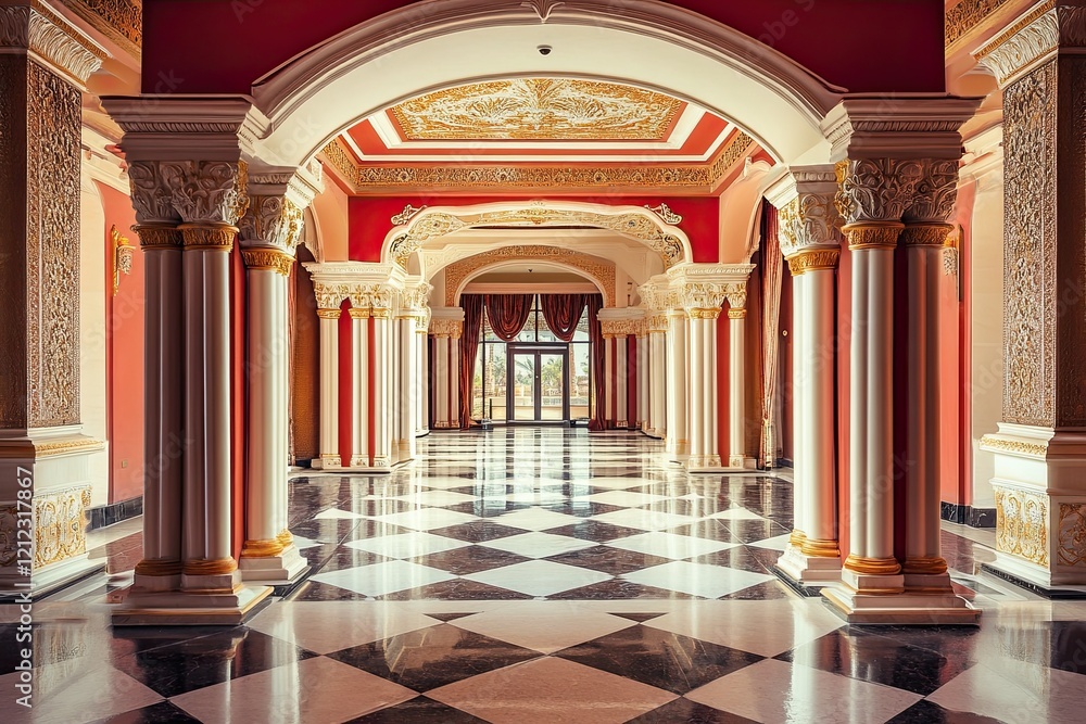 Obraz premium Elegant Palace Hallway With Ornate Columns And Checkered Floor