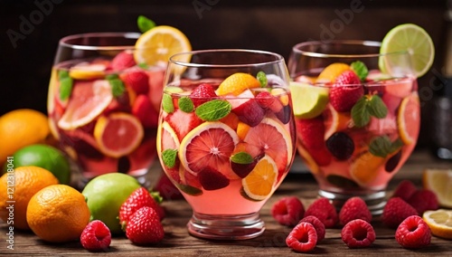 Traditional summer drink sangria - red, pink and white. With champagne, pink and red wine, strawberries, oranges, lemon, green apple and grapefruit. On a wooden rustic table, close view
