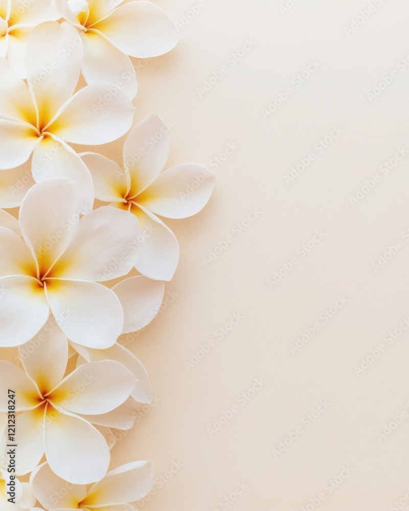 Naklejka premium Elegant Plumeria Flowers on Soft Beige Background with Minimalist Tropical Aesthetic, Tropical Spa-inspired decor