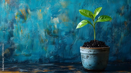 Artistic Representation of a Healthy Seedling Sprouting from Soft Black Soil in an Elegant Pot on a Cheerful Blue Background photo