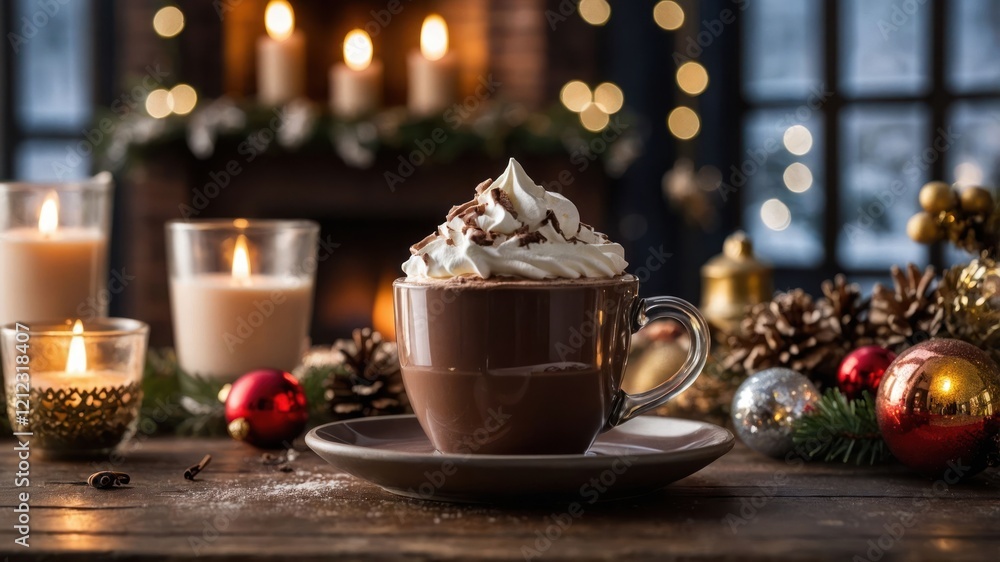 A cozy scene featuring a cup of hot chocolate with whipped cream, candles, and festive decorations. A cozy scene featuring a cup of hot chocolate with whipped cream, candles, and festive decorations.
