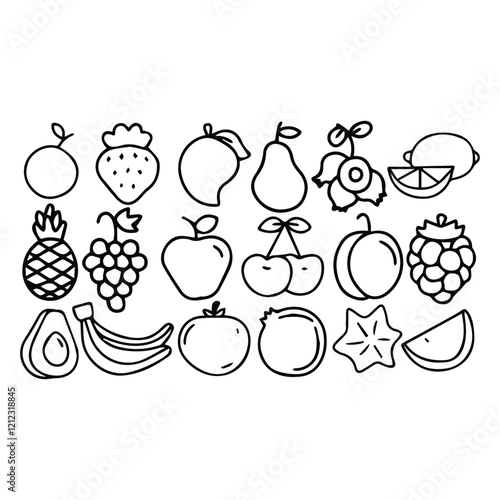 Hand drawn colorful fruits and berries. Trendy abstract minimal style. Natural tropical fruits. Fig, cherry, apple, peach, lemon, banana, avocado, pomegranate, pineapple, melon. Vector illustration