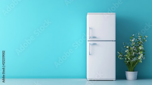 A modern white fridge with a sleek  minimalist design  set against a soft pastel blue wall  3D render with soft diffuse lighting