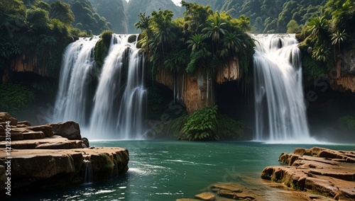  Detian waterfall. Detian or Ban Gioc waterfall along Vietnamese and Chinese board.  photo