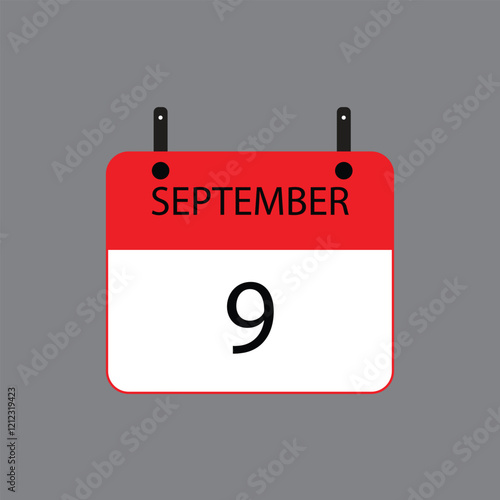 Calendar icon with September 9 date on grey background. Vector schedule symbol.