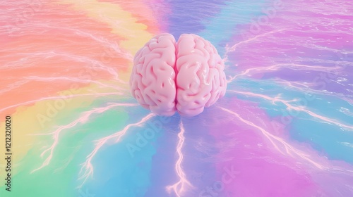 A stylized brain surrounded by colorful waves and lightning, symbolizing creativity and thought.