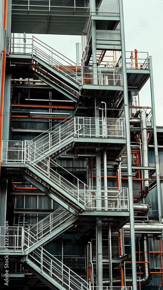 Industrial staircase design featuring metal structure and orange accents during overcast day Industrial staircase design featuring metal structure and orange accents during overcast day