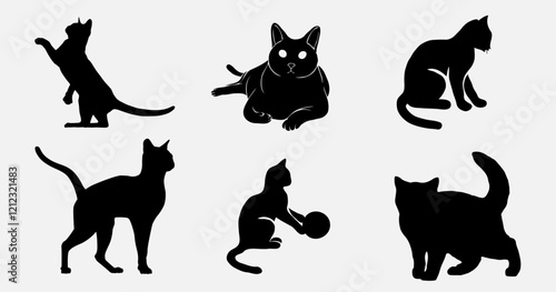 Photography isolated black silhouette of a cat, vector collection