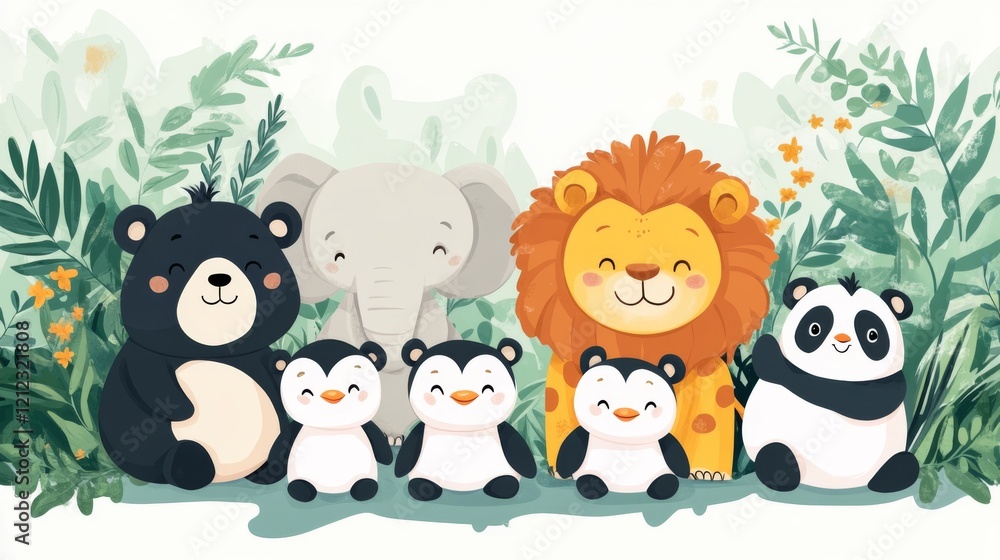 Naklejka premium An Adorable baby animals playful cute elephant tiger lion penguin bear cartoon illustration animal wildlife fauna zoo safari jungle nature happy