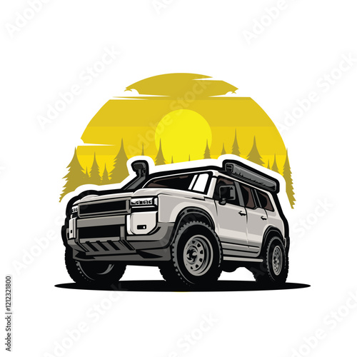 Offroad Adventure SUV with Awning in Outdoor Forest Vector Illustration. Best for Outdoor Automotive Related Tshirt Design