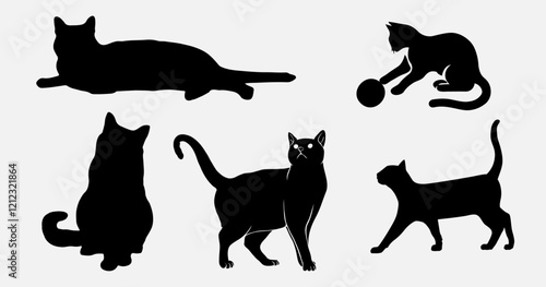 Photography isolated black silhouette of a cat, vector collection