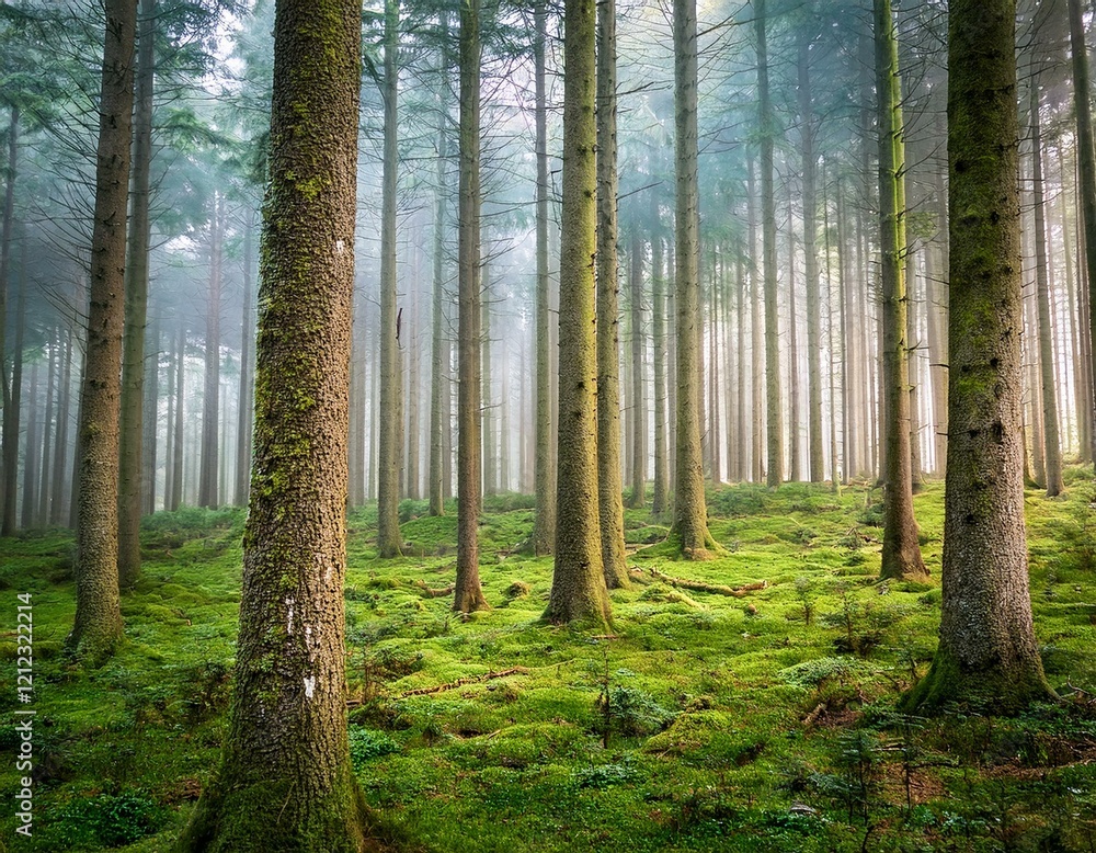 Obraz premium towering pine trees forest floor covered in moss ethereal mist in the distance nature forest trees