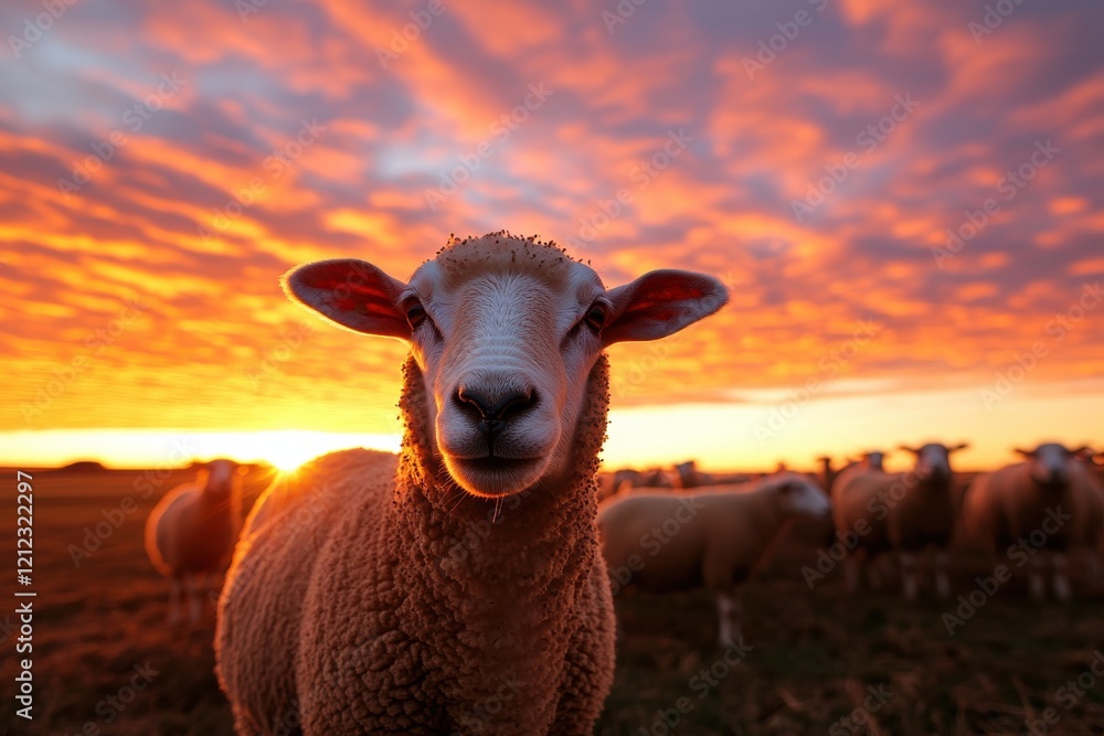 Fototapeta premium A group of sheep stands in a field as the sun sets, surrounded by dramatic clouds that highlight the vibrant colors of the sky, creating a picturesque and serene rural scene.