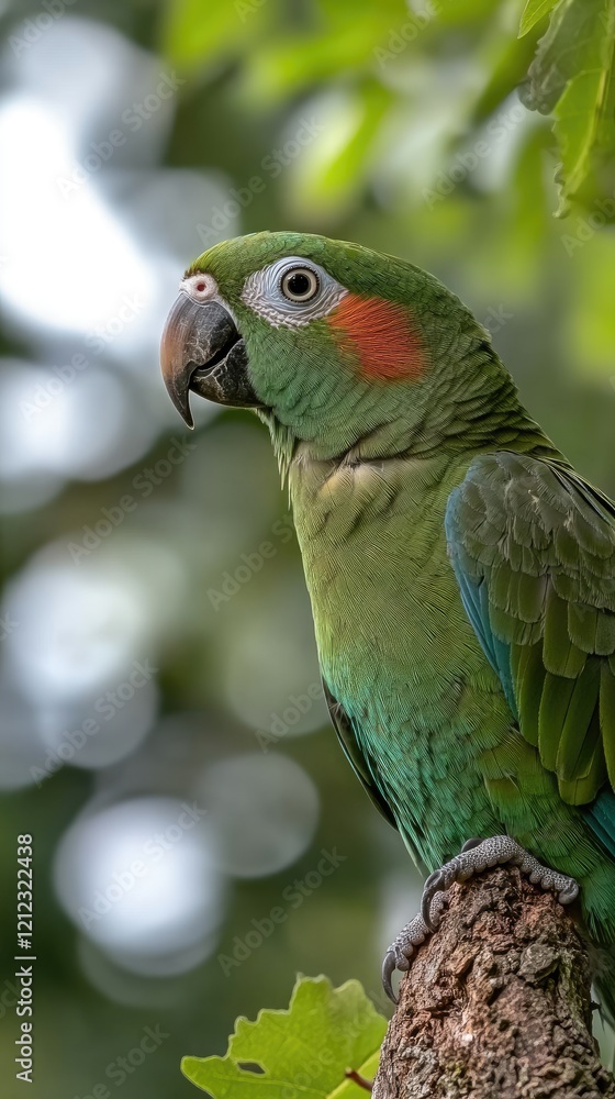 Fototapeta premium A vibrant green parrot displays its colorful feathers in a tropical rainforest with stunning details and a serene background