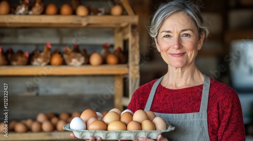 Mature farmer standing in rustic chicken coop, presenting fresh, multicolored eggs from free range hens, highlighting sustainable farming practices