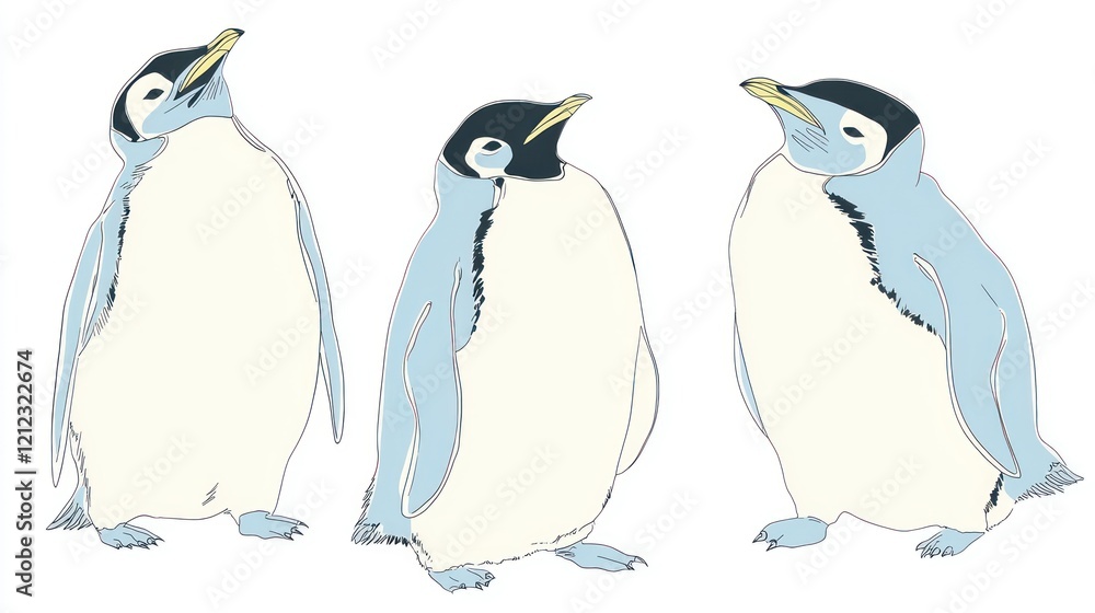 Naklejka premium Three emperor penguin chicks standing on a white background showing different perspectives