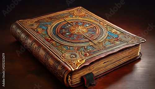 ancient book bound with leather featuring medieval illustrations