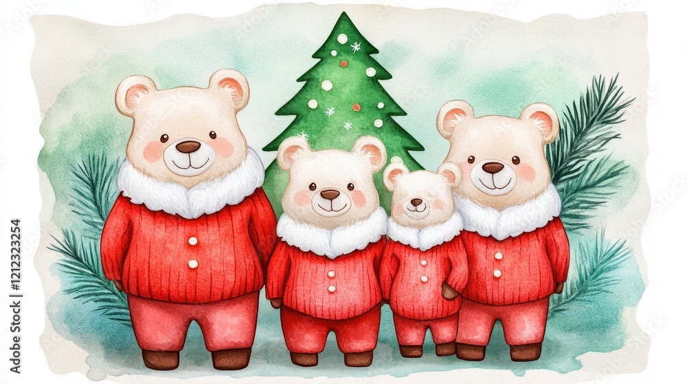 A cheerful family of cartoon bears in festive sweaters stands by a Christmas tree. A cheerful family of cartoon bears in festive sweaters stands by a Christmas tree.