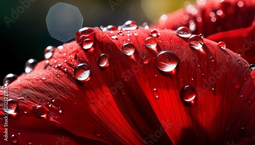 fresh water droplets enhance the vibrancy of a red flower petal in natural light
