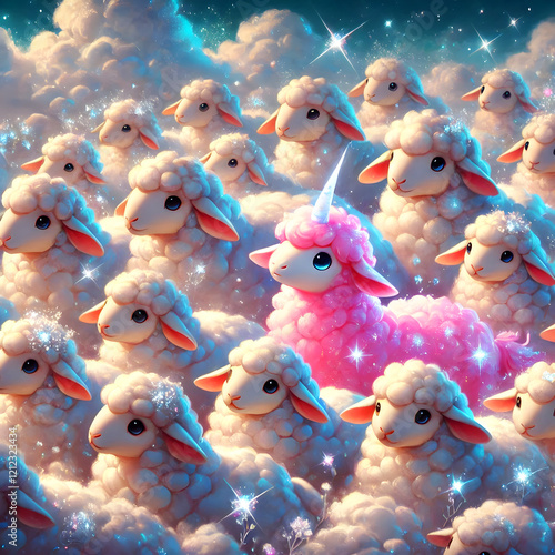 among whte white sheep crowd there is a pink unicorn sheep emerging like a black sheep but it is pink sparkling digitalart photo