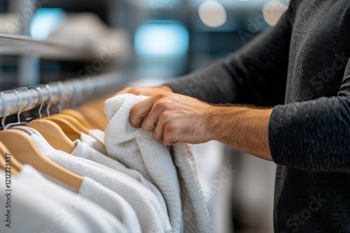 A hand reaches for a soft, white sweater displayed on a rack in a clothing store, combining the excitement of shopping with the tactile sensations of fabric and style. photo